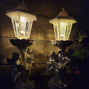 Set of 2, Angel Statue With White Solar Lantern, Garden Art, Garden Decor